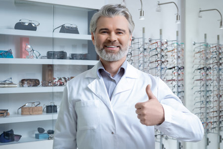 Bearded caucasian man in lab coat at his working place in optic shopの写真素材