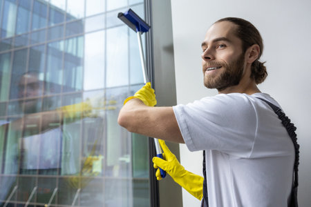 Young man cleaning the window with the window washerの写真素材