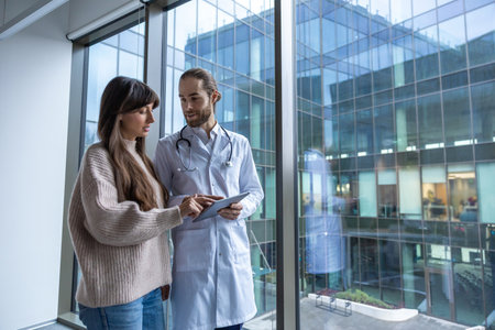Male doctor holding tablet for digital consultation with female patient in hallwayの写真素材