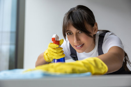 Woman from cleaning team disinfecting the table surfaceの写真素材