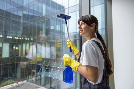 Long-haired young woman working in the cleaning team in the officeの写真素材