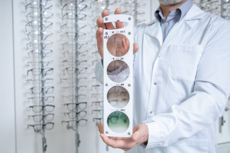 Male doctor in the optic shop holding a lens color scale in handsの写真素材