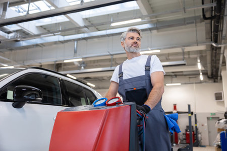Bearded man technician checking car air conditioning system refrigerant rechargeの写真素材