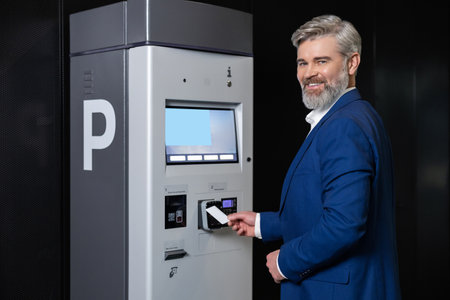 Man paying parking fee using card at automatic machineの写真素材