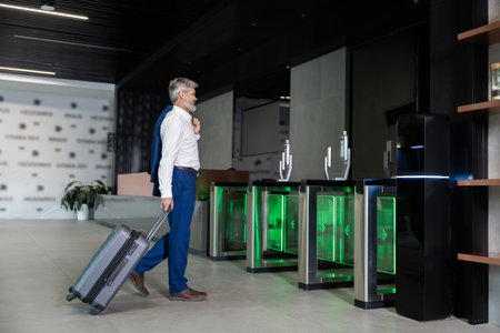 Businessman walking through terminal with luggage heading to security for departureの写真素材