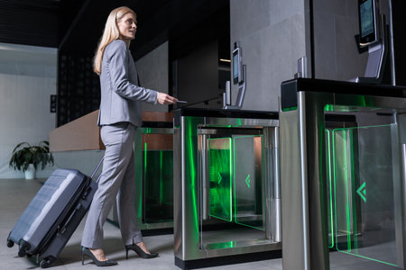 Long-haired blonde business woman passing security control in business center