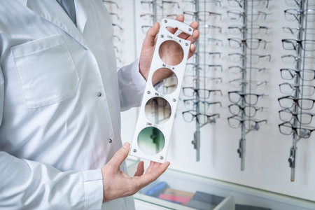 Male doctor in the optic shop holding a lens color scale in hands