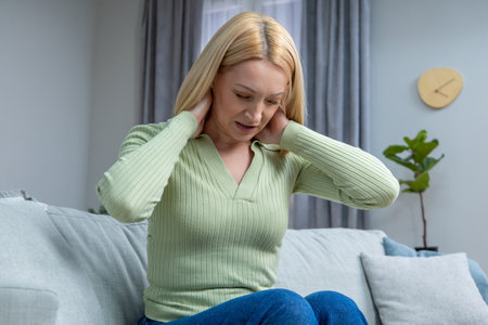 Blonde caucasian woman feeling bad and suffering from a headacheの写真素材