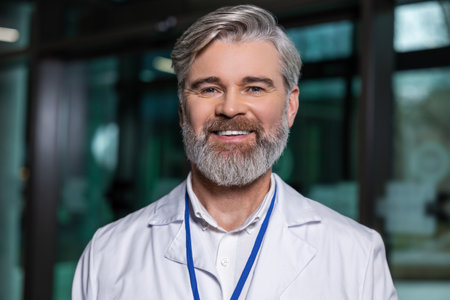 Smiling positive male doctor in lab coat looking contentedの写真素材