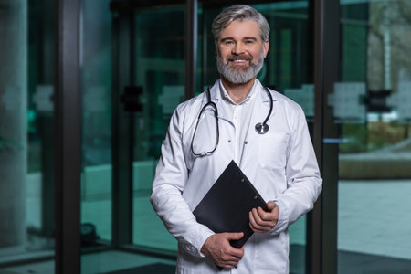 Smiling positive male doctor in lab coat looking contentedの写真素材