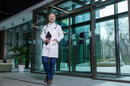 Mature male doctor in lab coat entering the clinic and looking determinedの写真素材
