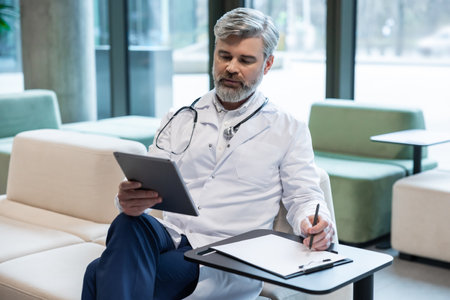 Gray-haired mature male doctor working and looking busyの写真素材