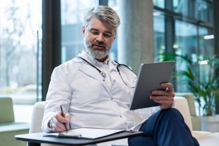 Gray-haired mature male doctor working and looking busyの写真素材