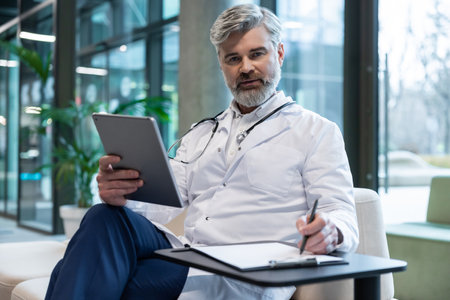 Gray-haired mature male doctor working and looking busyの写真素材