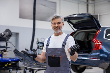 Man in uniform working indoors in garageの写真素材