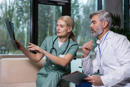 Two colleagues discussing xray results and looking involvedの写真素材