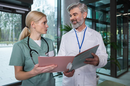 Two doctors discussing medical case and looking involved and focusedの写真素材