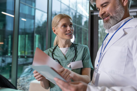 Female and male doctors discussing patients medical case and looking excitedの写真素材
