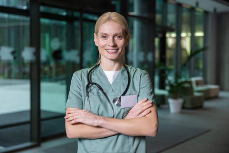 Pretty blonde female doctor looking contented and joyfulの写真素材