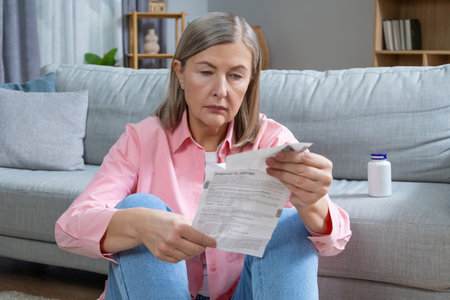 Mid aged woman in pink shirt reading description to medicine and looking concentratedの写真素材