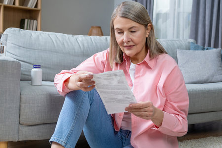Mid aged woman in pink shirt reading description to medicine and looking concentratedの写真素材