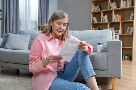 Mid aged woman in pink shirt reading description to medicine and looking concentratedの写真素材