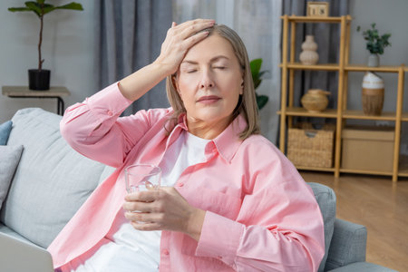 Woman sitting on the sofa and taking pills from a headacheの写真素材