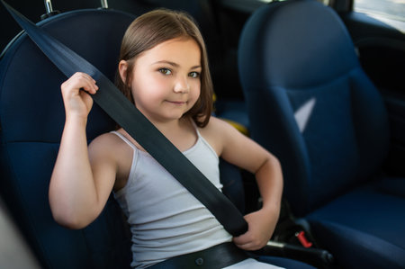 Little girl traveling in car enjoying security during road tripの写真素材