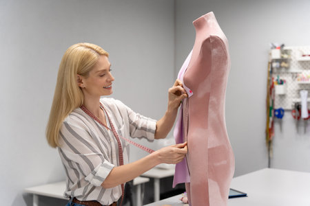 Contented caucasian fashion designer working in her studioの写真素材