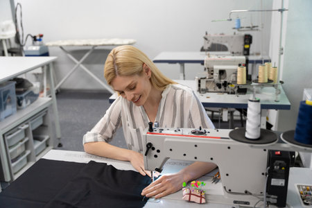 Pretty young female fashion designer working in her studio and smiling