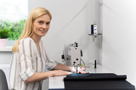 Pretty young female fashion designer working in her studio