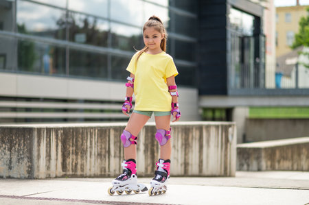 Child skating on roller-blades in stadium having funの写真素材