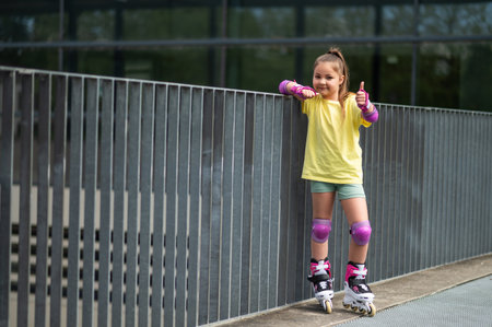 Little girl enjoying roller-skating action outside experiencing fun