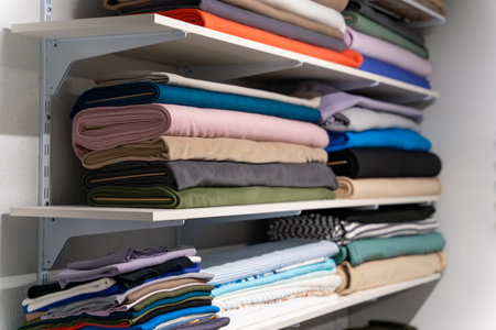 Colorful piles of fabric one on one on the shelfの写真素材