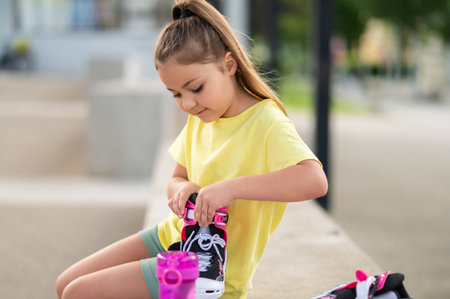 Female child skater preparing for training and exerciseの写真素材