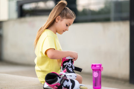 Female child skater rollerblading outside preparing for training and exerciseの写真素材