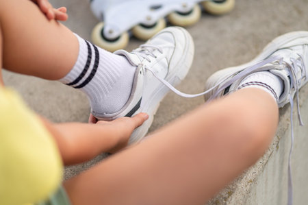 Unrecognizable female child putting of roller-blades getting ready for playの写真素材