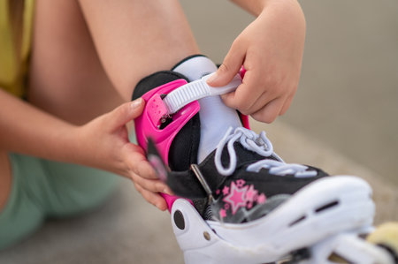 Unrecognizable female kid putting on roller-skates fastening buckles preparing for active skatingの写真素材