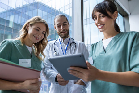 Team of young doctors discussing something and looking interested and involved