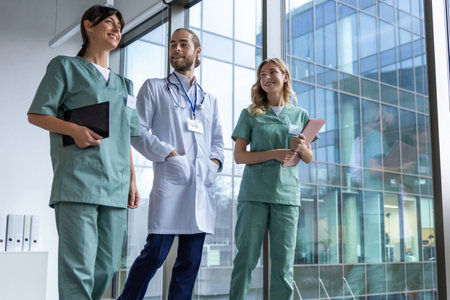 Young therapists in lab coats in the hospital corridorの写真素材
