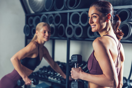 Two young women preparing for the workout with dumbbells in the gymの写真素材