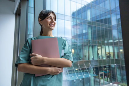 Smiling dark-haired female doctor in lab coat with a medical history in handsの写真素材