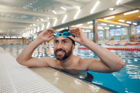 Handsome caucasian man spending time in the swimming poolの写真素材