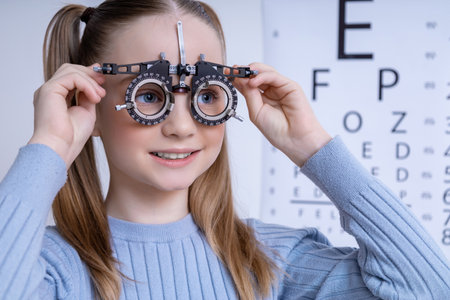 Cute caucasian girl with optometric galsses on the Snellen vision test background at the...