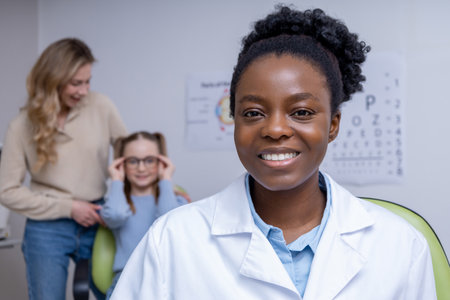 Smiling african american female optometrist at her office