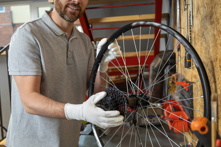 Mechanic in white gloves adjusting wheelの写真素材
