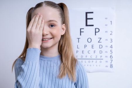 Cute caucasian girl on the Snellen vision test background at the ophthalmologist officeの写真素材