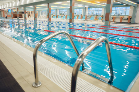 Picture of a modern empty swimming pool with blue waterの写真素材
