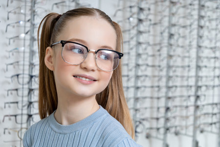 Cute long-haired girl trying on new eyeglasses at the optometric shopの写真素材
