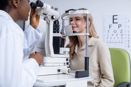 Young woman having a vision exam at the optometristの写真素材
